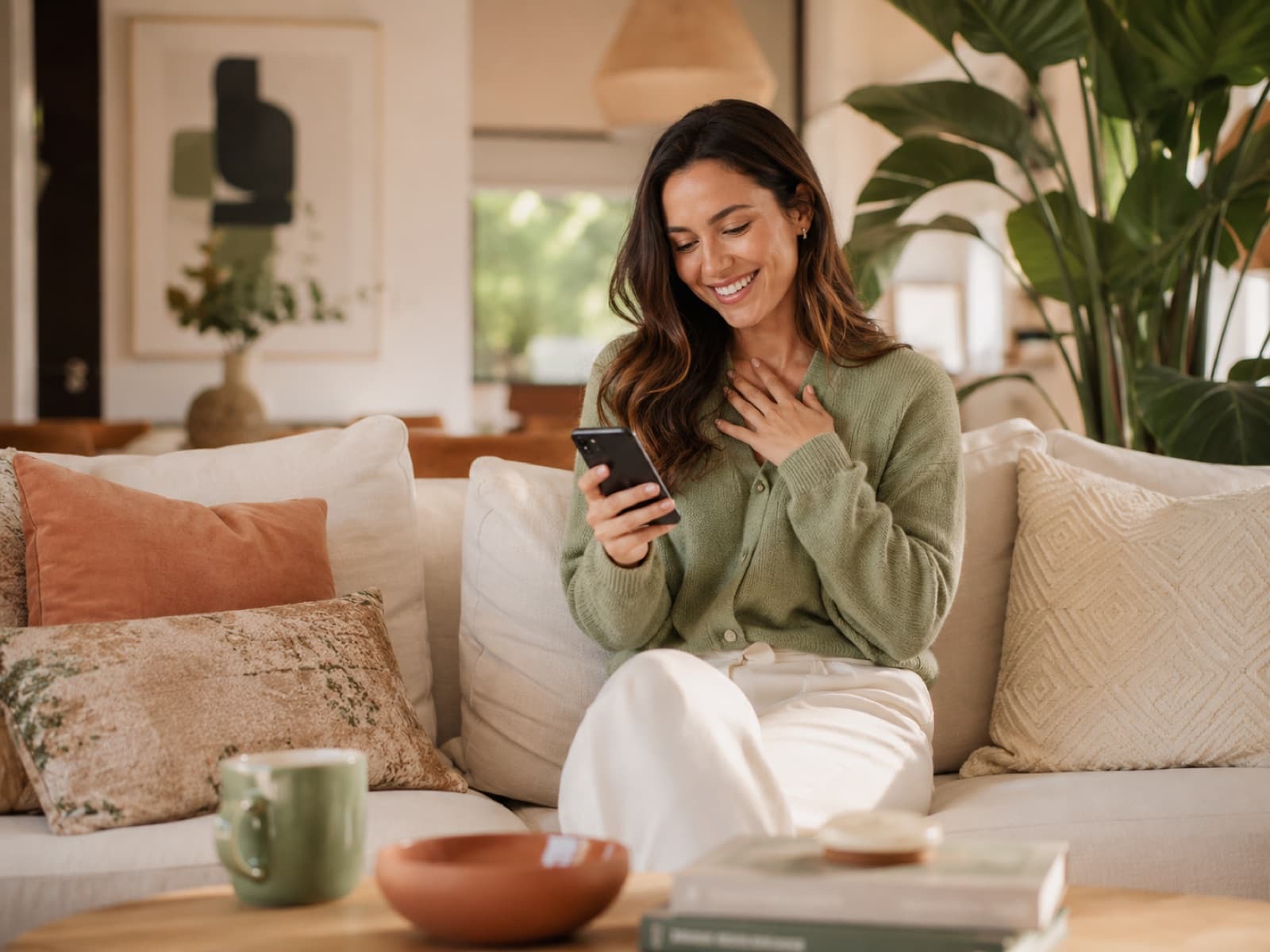 Propriétaire souriante consultant son téléphone depuis son canapé