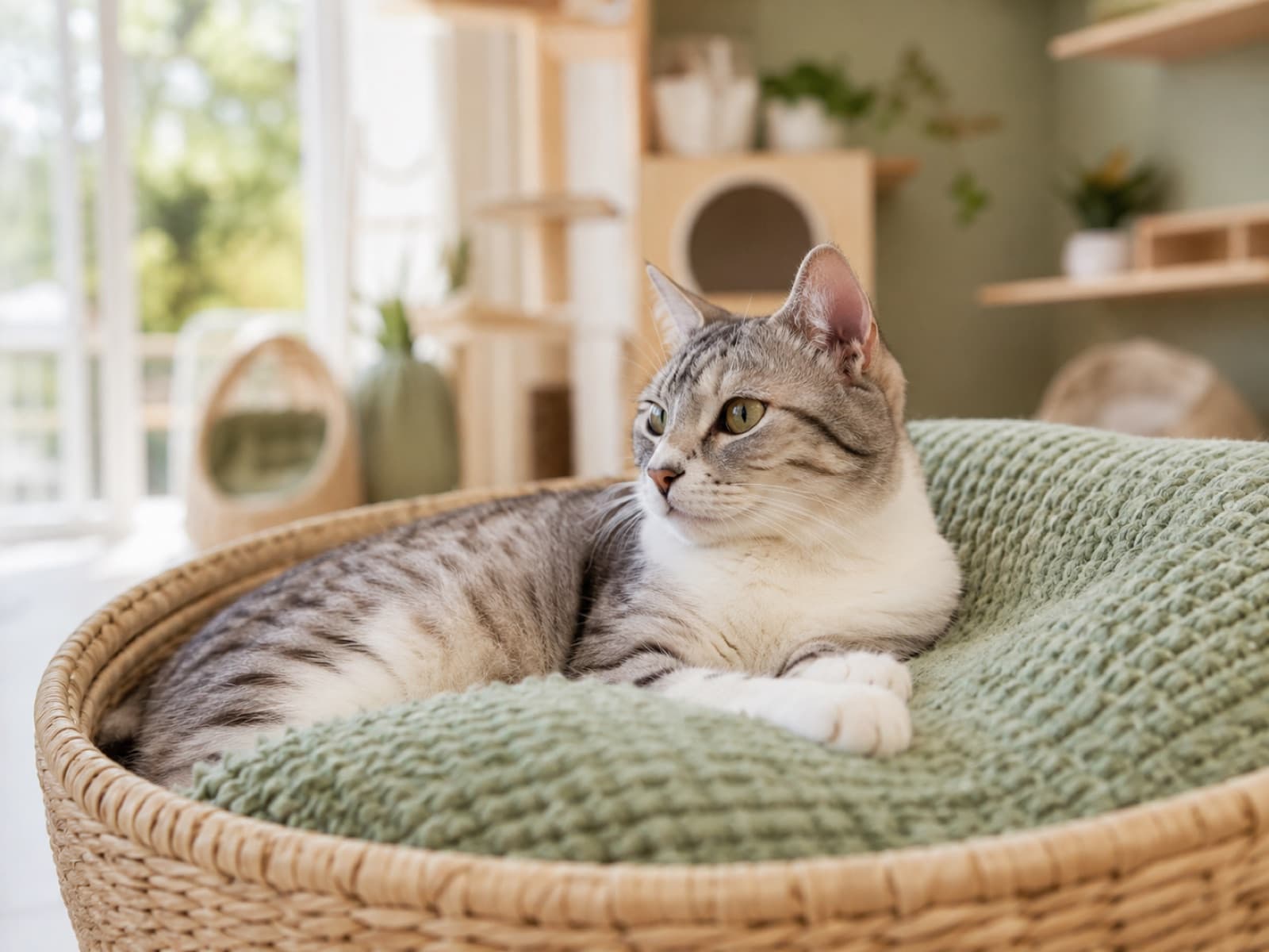 Chat installé calmement dans un panier dans un espace chaleureux