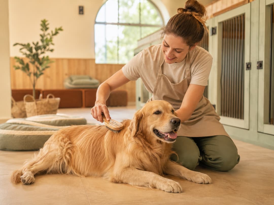 Chien brossé avec douceur dans une pension