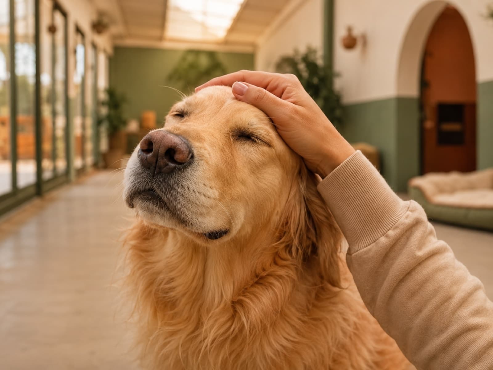 Chien calme recevant une caresse dans un espace de garde