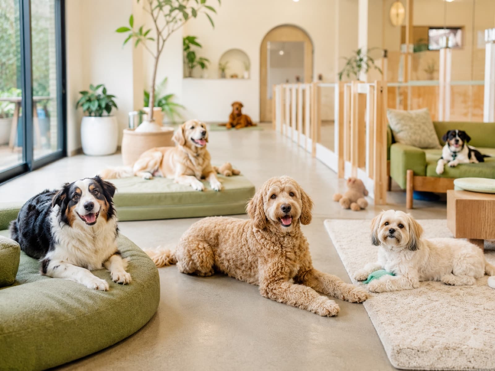 Plusieurs chiens dans un espace de garderie moderne et chaleureux