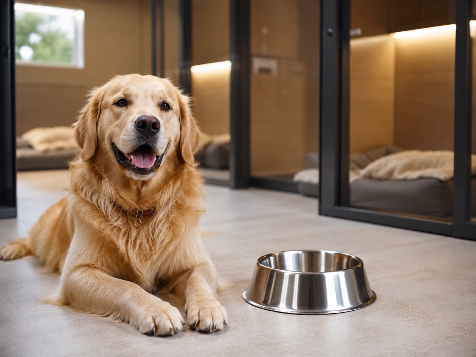 Chien calme dans une pension avec sa gamelle