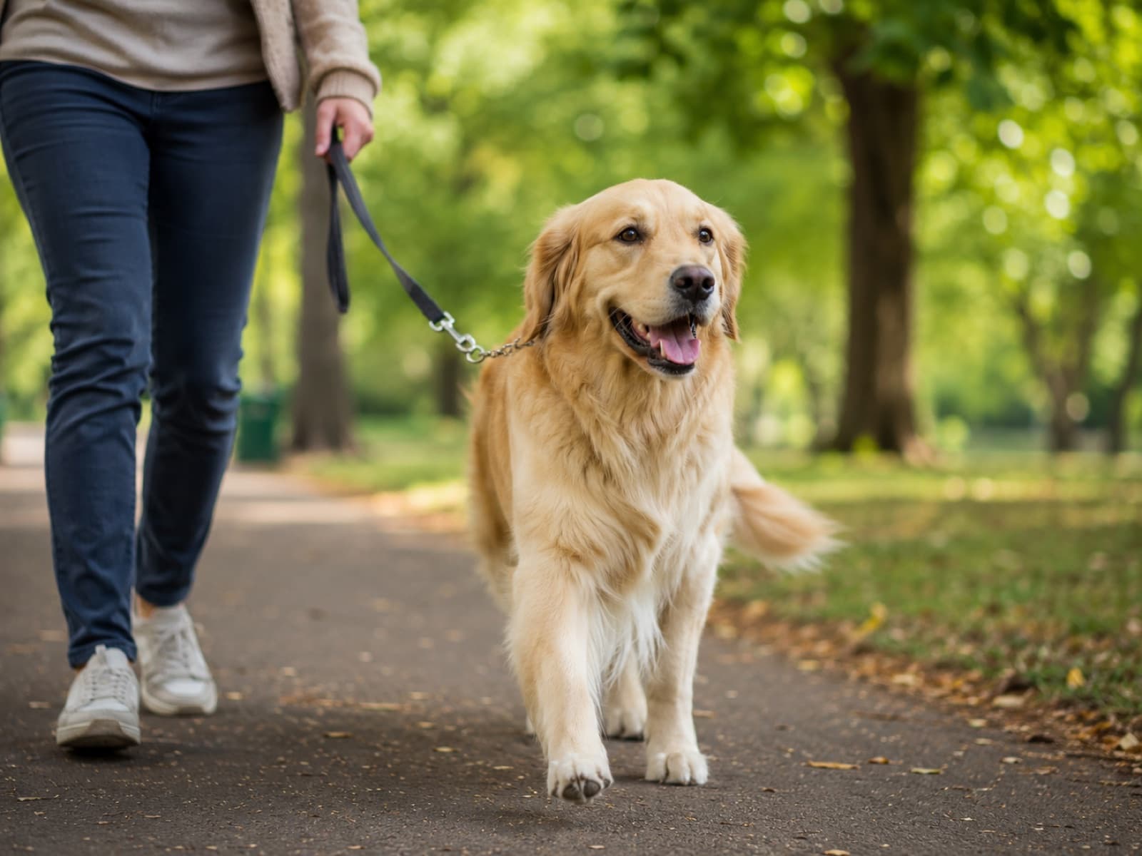 Golden retriever en promenade dans un parc avec une accompagnante