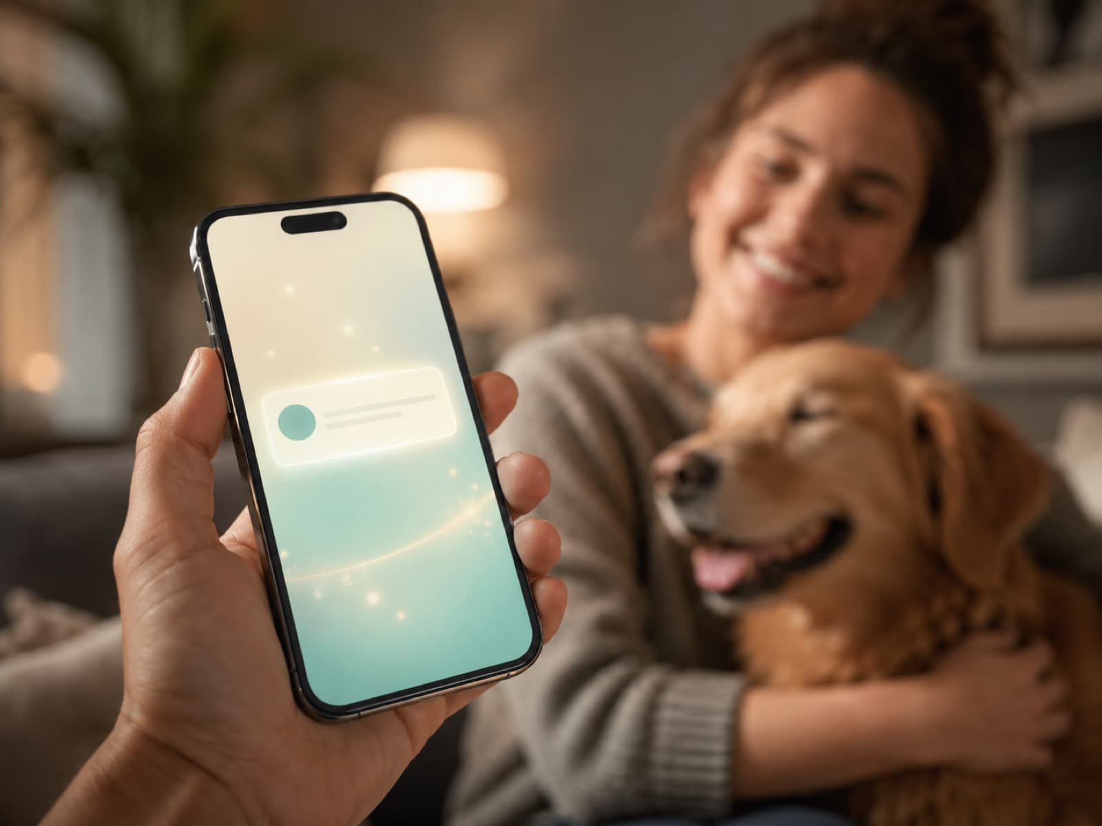 Téléphone affichant une notification avec un chien et sa propriétaire en arrière-plan